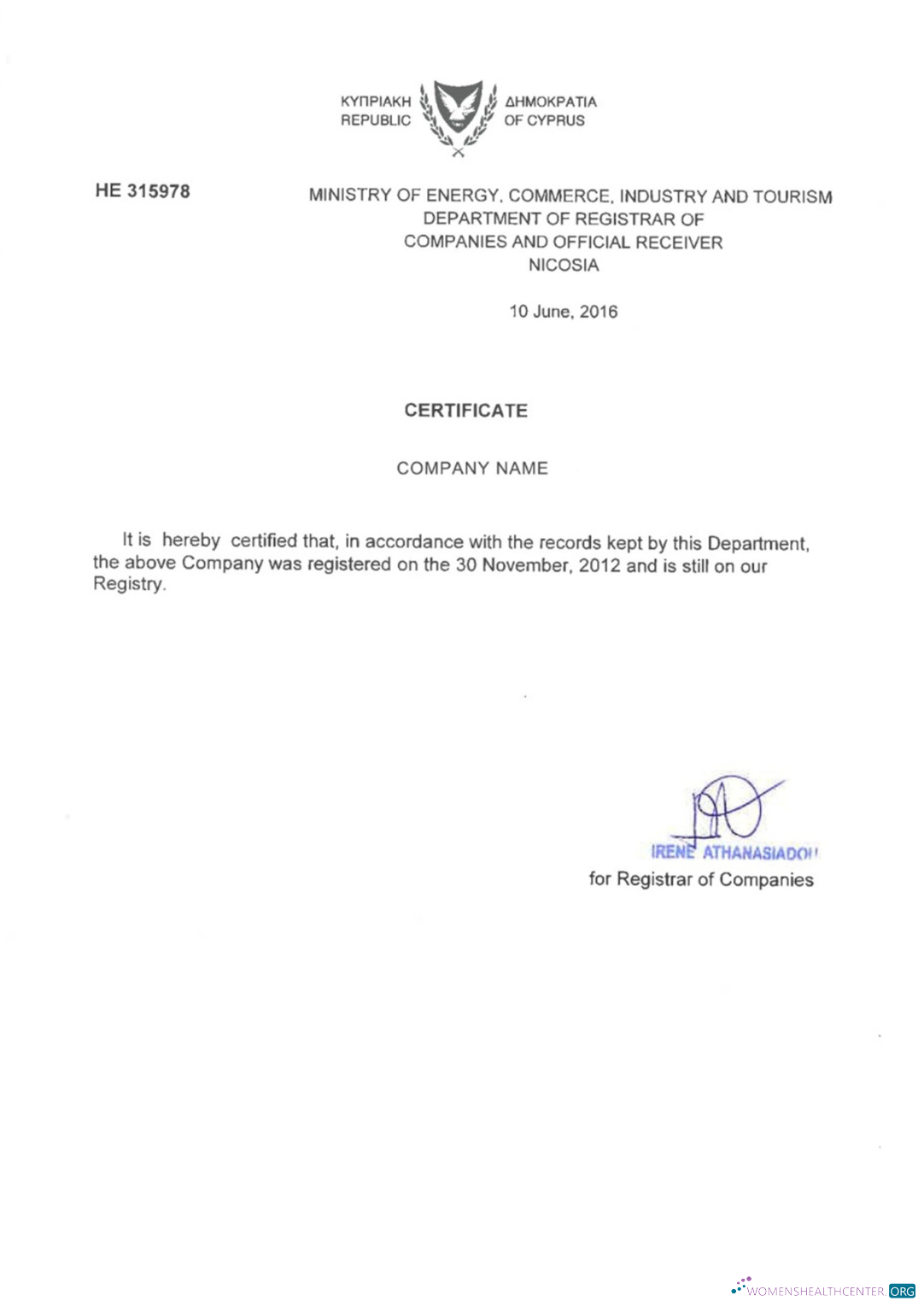 Download Cyprus Certificate of Registration Photoshop template